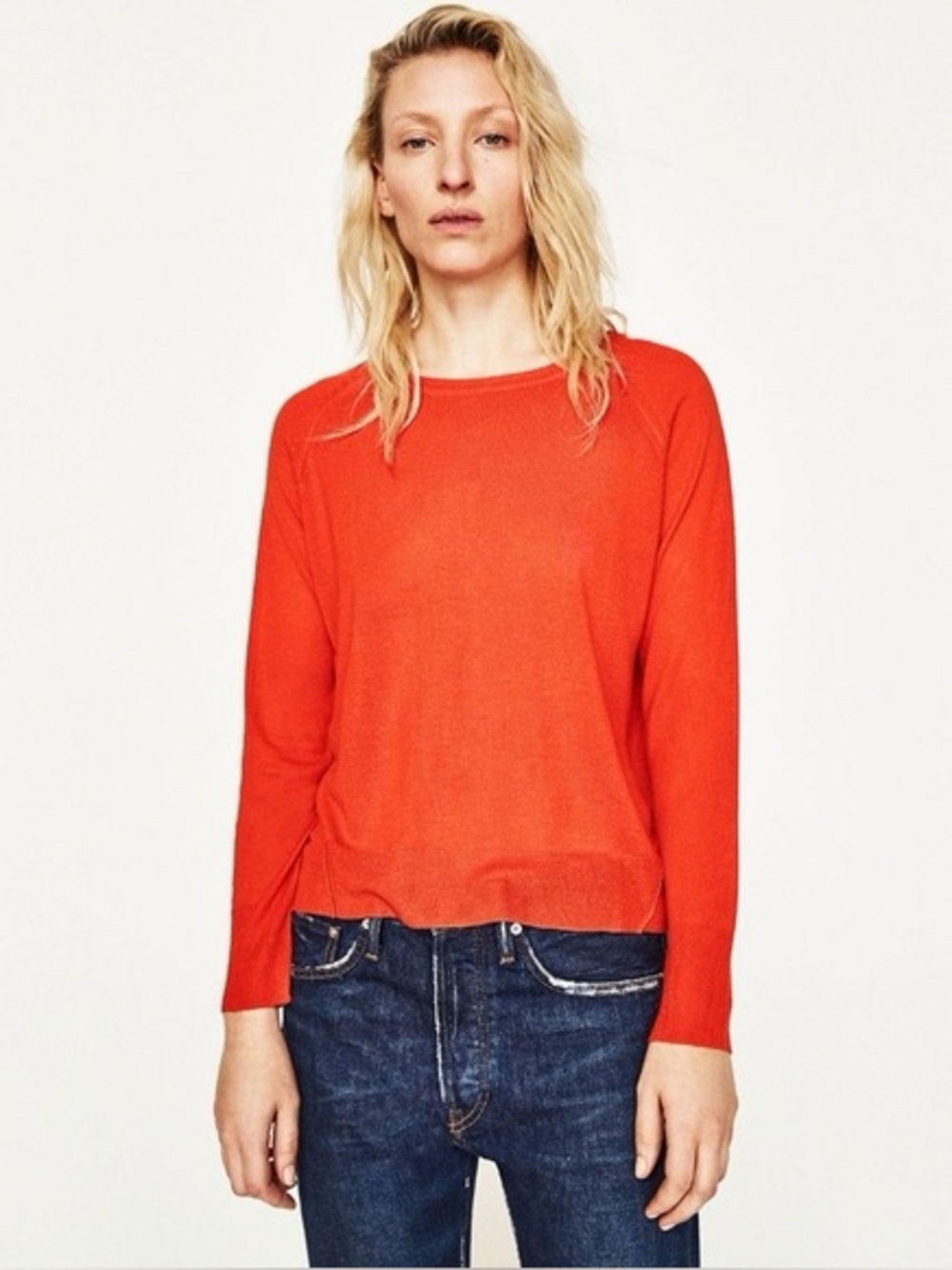 Zara Orange-Red Lightweight Crewneck Knit Sweater High-Low Sz S